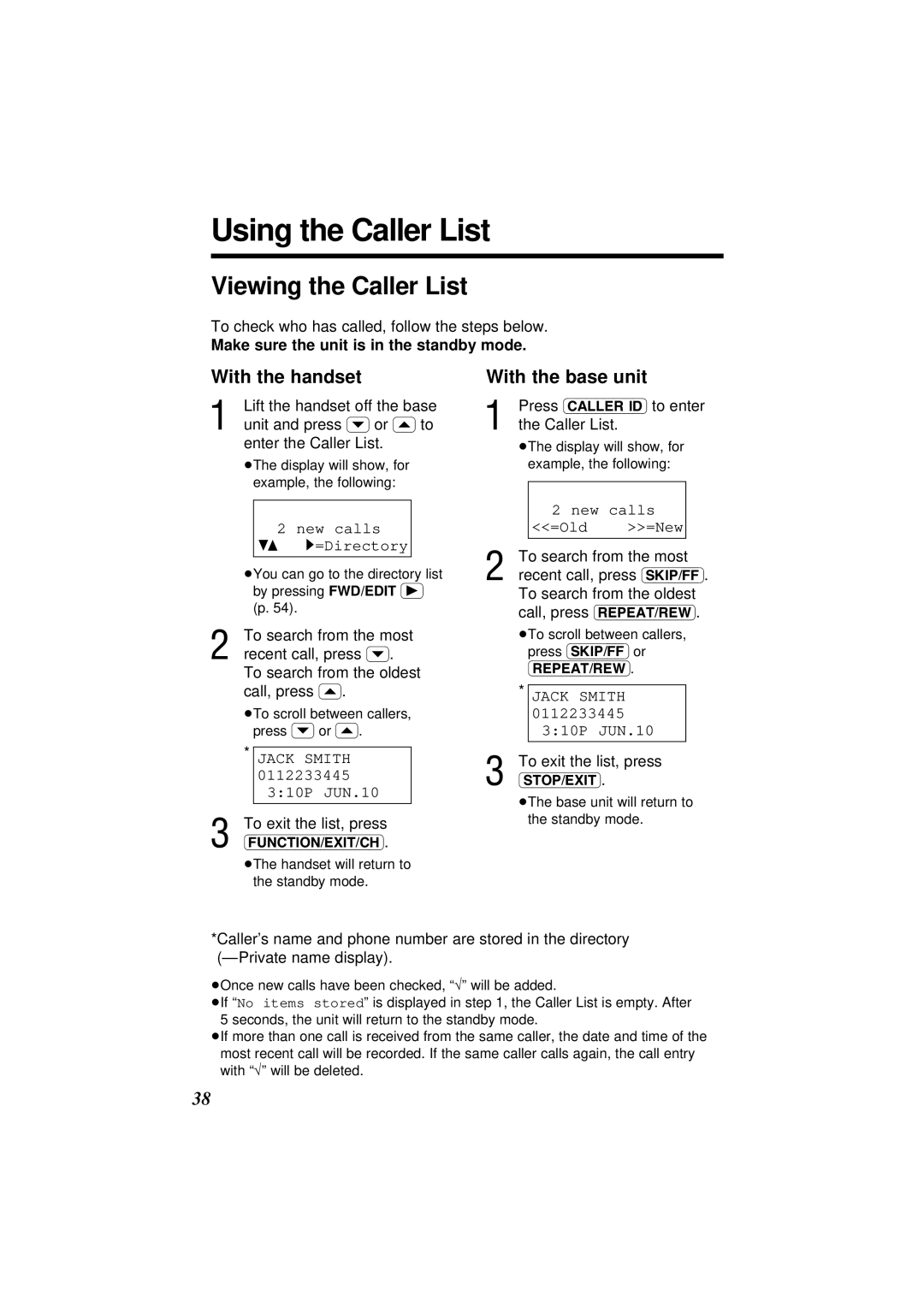 Panasonic KX-TC1871ALB Using the Caller List, Viewing the Caller List, With the handset, Jack Smith 310P JUN.10 