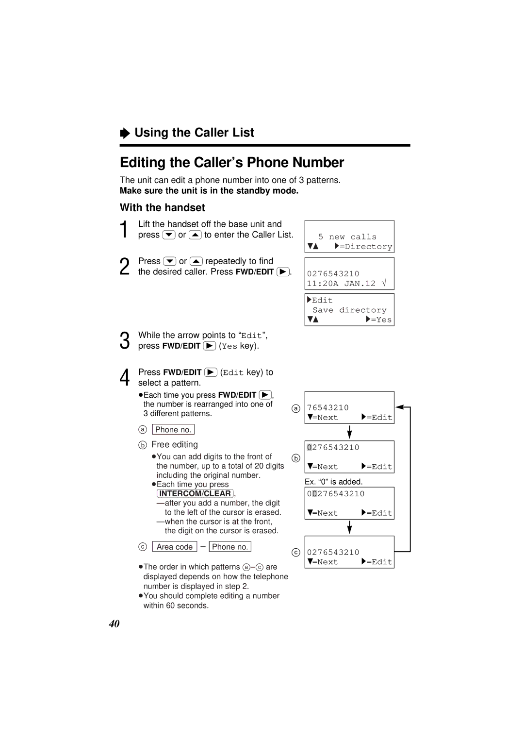 Panasonic KX-TC1871ALB, KX-TC1871NZB Editing the Caller’s Phone Number, Using the Caller List, 76543210 =Next 1=Edit 