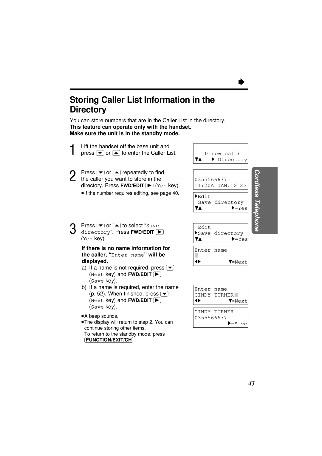 Panasonic KX-TC1871NZB, KX-TC1871ALB Storing Caller List Information in the Directory, 21 4=Next Cindy Turner =Save 