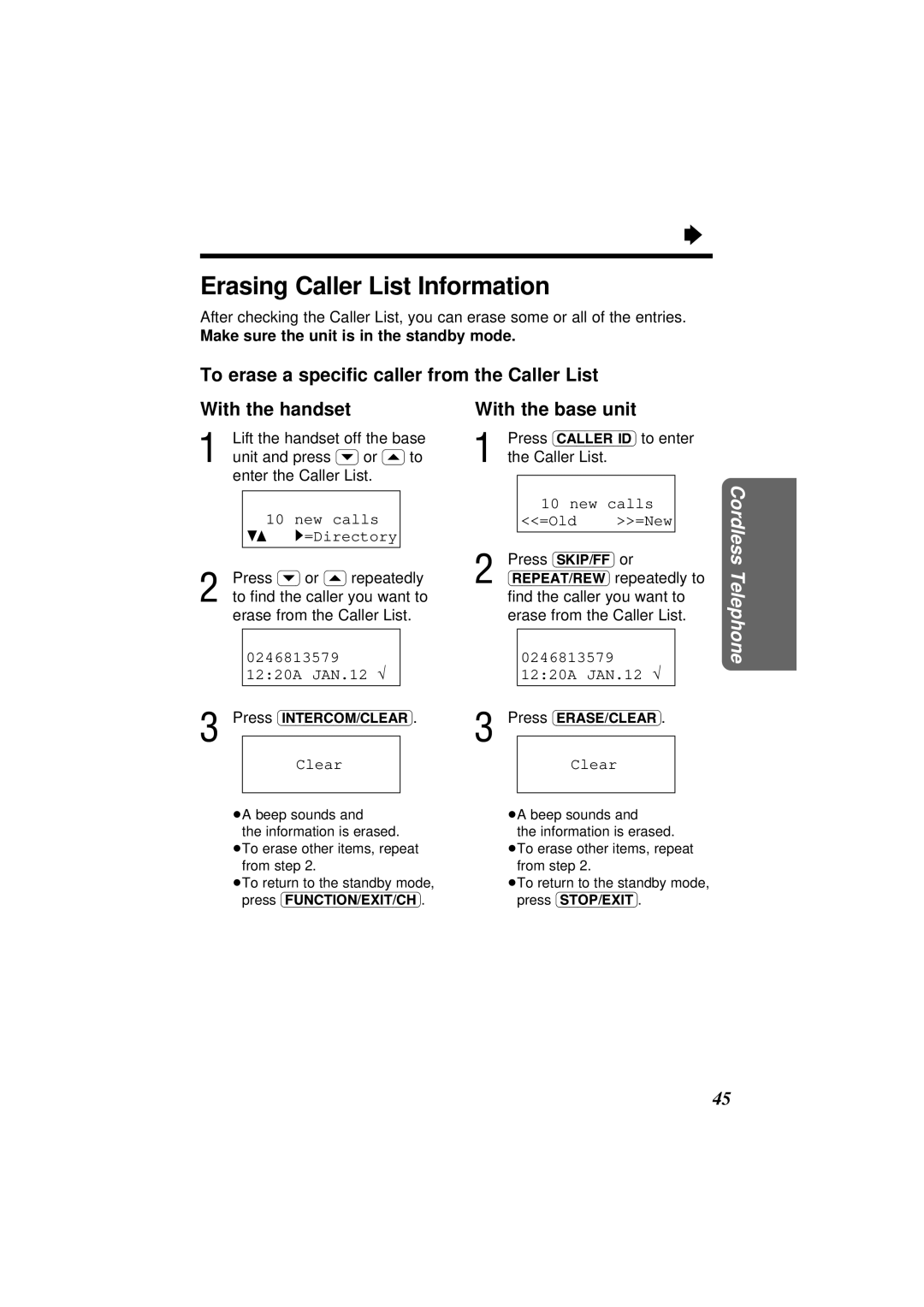 Panasonic KX-TC1871NZB, KX-TC1871ALB Erasing Caller List Information, 0246813579 1220A JAN.12 √, Clear 