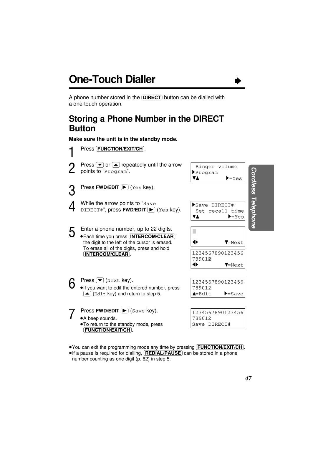 Panasonic KX-TC1871NZB, KX-TC1871ALB One-Touch Dialler, Storing a Phone Number in the Direct Button, Press Ý Next key 