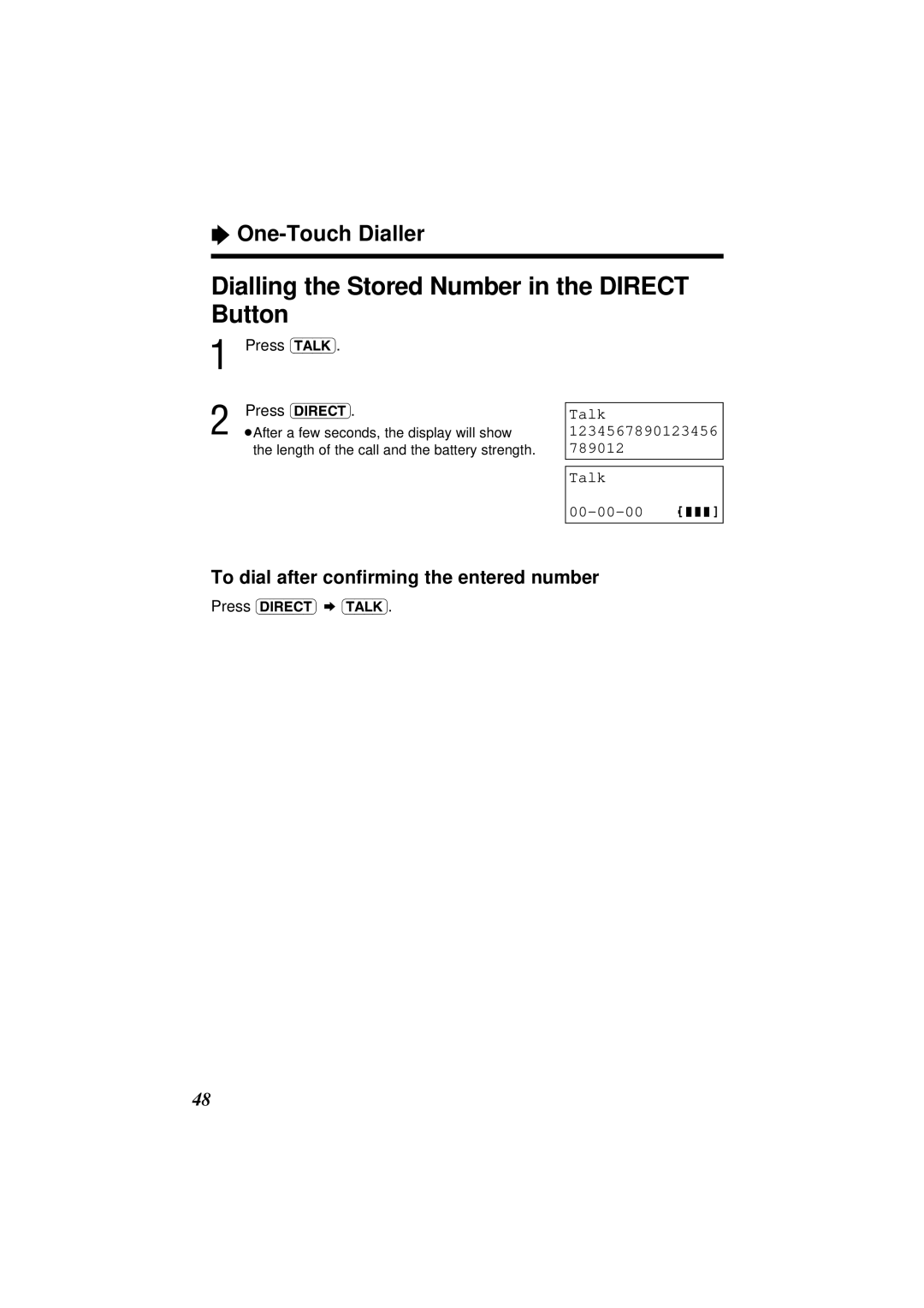 Panasonic KX-TC1871ALB Dialling the Stored Number in the Direct Button, One-Touch Dialler, Talk 1234567890123456 00-00-00 