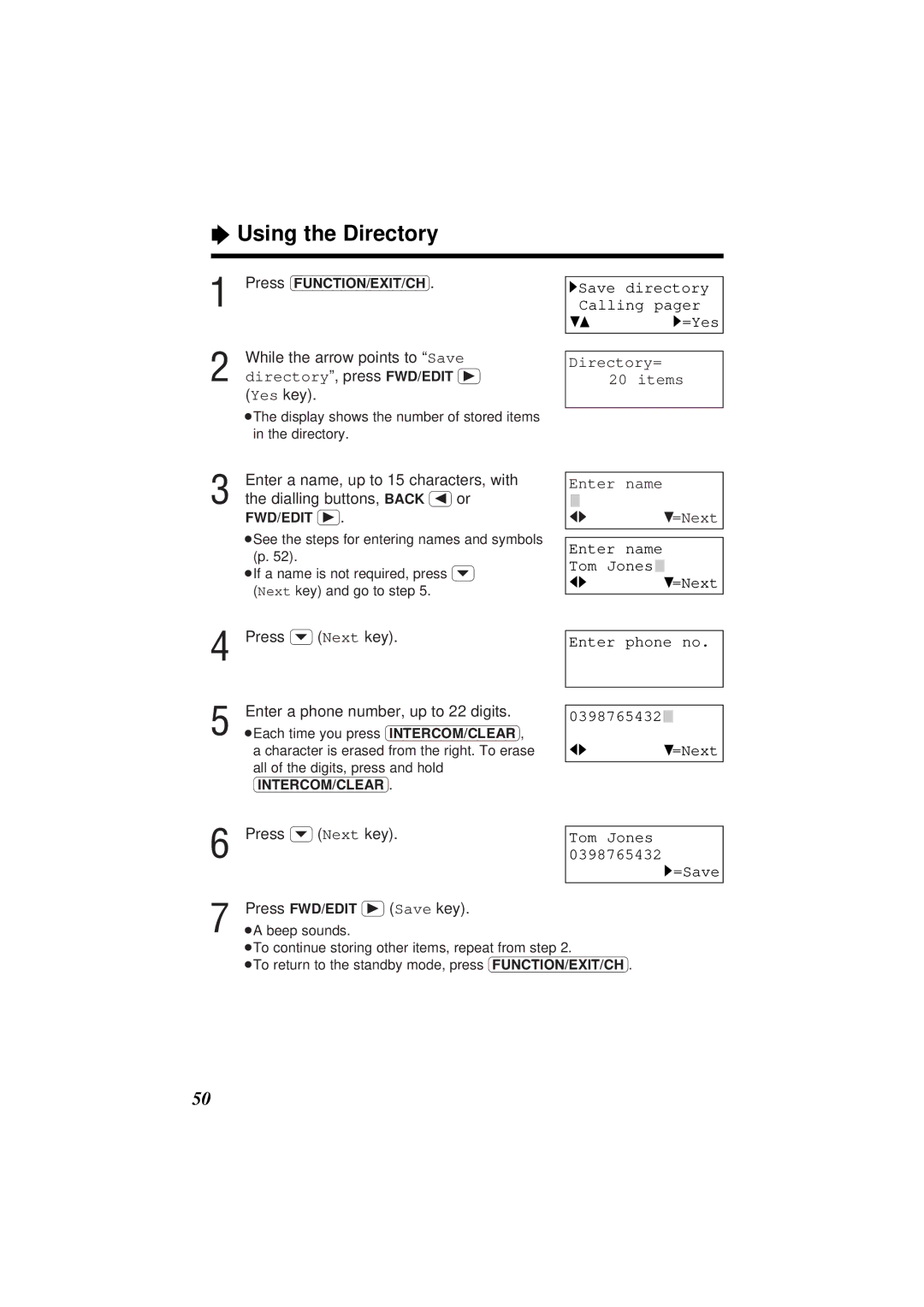 Panasonic KX-TC1871ALB, KX-TC1871NZB Using the Directory, 1Save directory Calling pager 43 1=Yes Directory= 20 items 