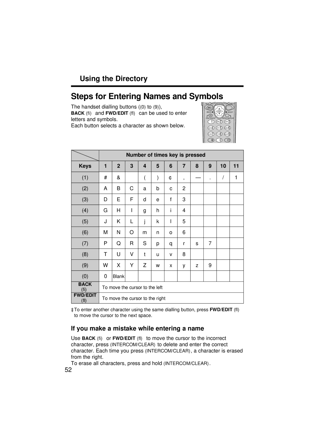 Panasonic KX-TC1871ALB, KX-TC1871NZB Steps for Entering Names and Symbols, If you make a mistake while entering a name 