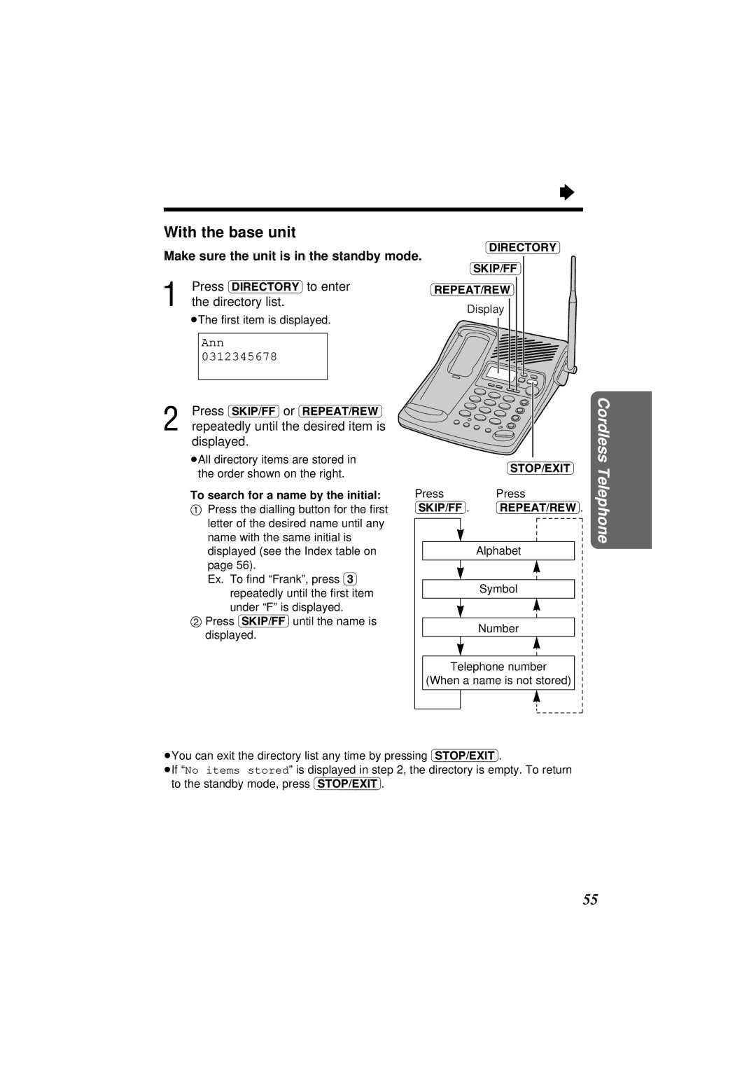 Panasonic KX-TC1871NZB Press Directory to enter, Directory list, Repeatedly until the desired item is, Displayed 