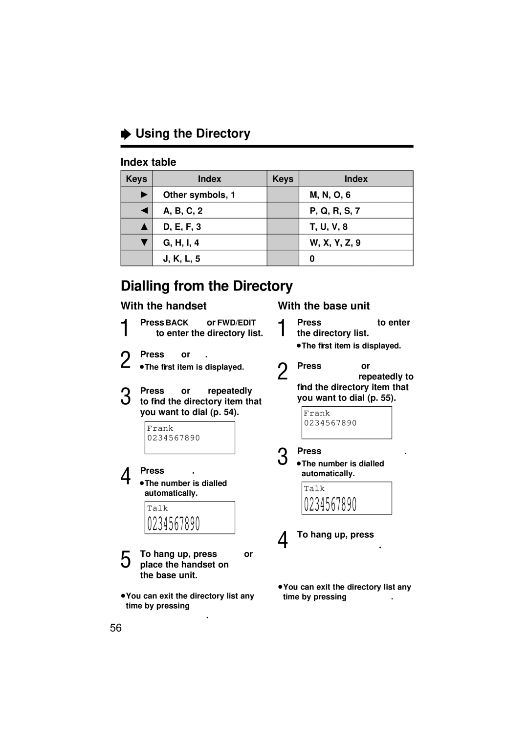 Panasonic KX-TC1871ALB, KX-TC1871NZB operating instructions Dialling from the Directory, Index table, Keys Index 