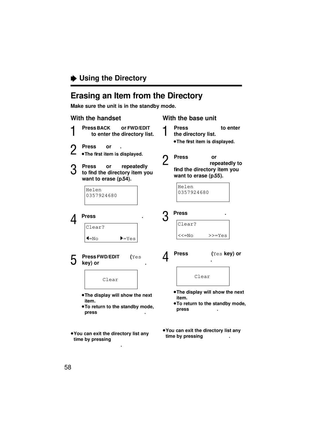 Panasonic KX-TC1871ALB, KX-TC1871NZB Erasing an Item from the Directory, ﬁnd the directory item you, Want to erase p 