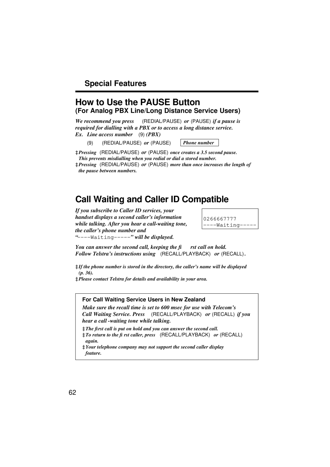 Panasonic KX-TC1871ALB, KX-TC1871NZB How to Use the Pause Button, Call Waiting and Caller ID Compatible, Special Features 