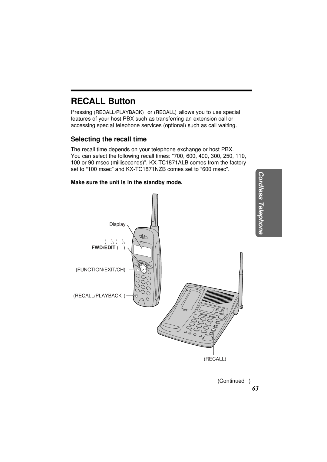 Panasonic KX-TC1871NZB, KX-TC1871ALB operating instructions Recall Button, Selecting the recall time 