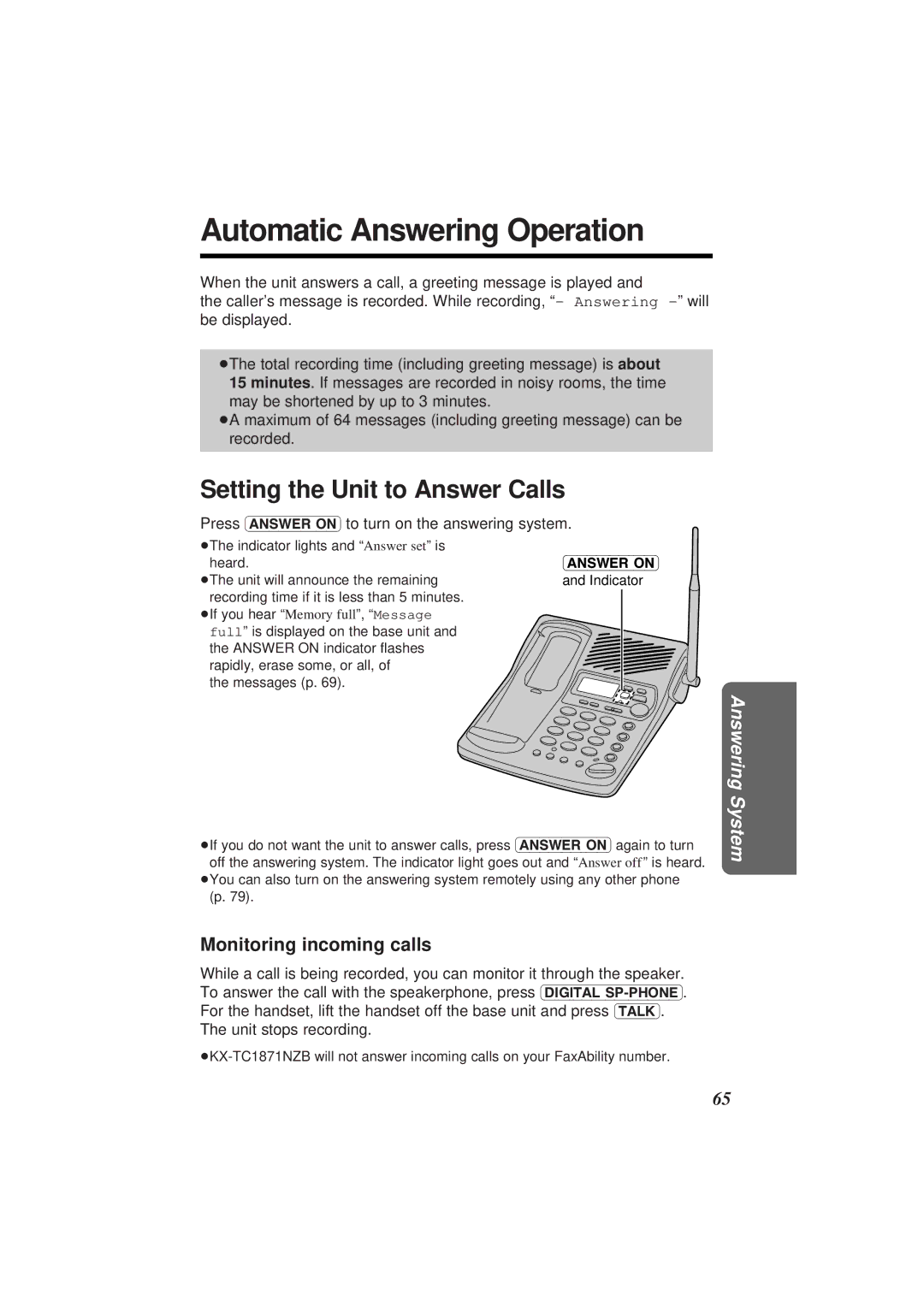 Panasonic KX-TC1871NZB Automatic Answering Operation, Setting the Unit to Answer Calls, Monitoring incoming calls 