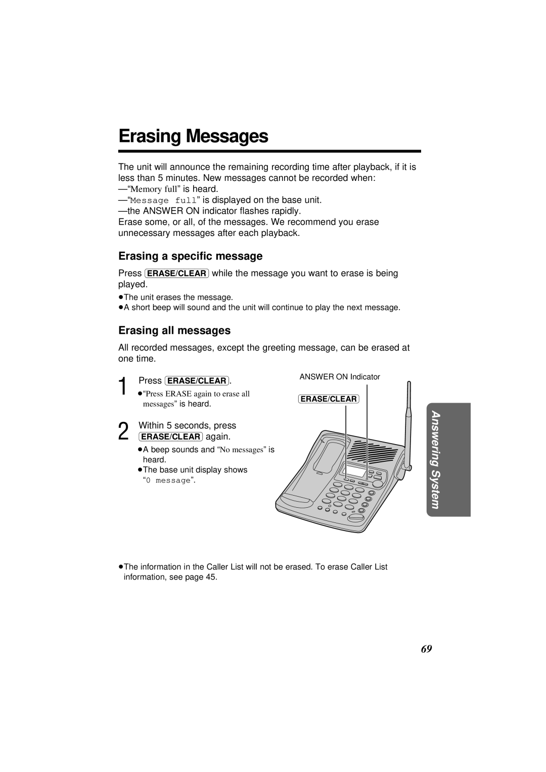 Panasonic KX-TC1871NZB, KX-TC1871ALB Erasing Messages, Erasing a speciﬁc message, Erasing all messages 