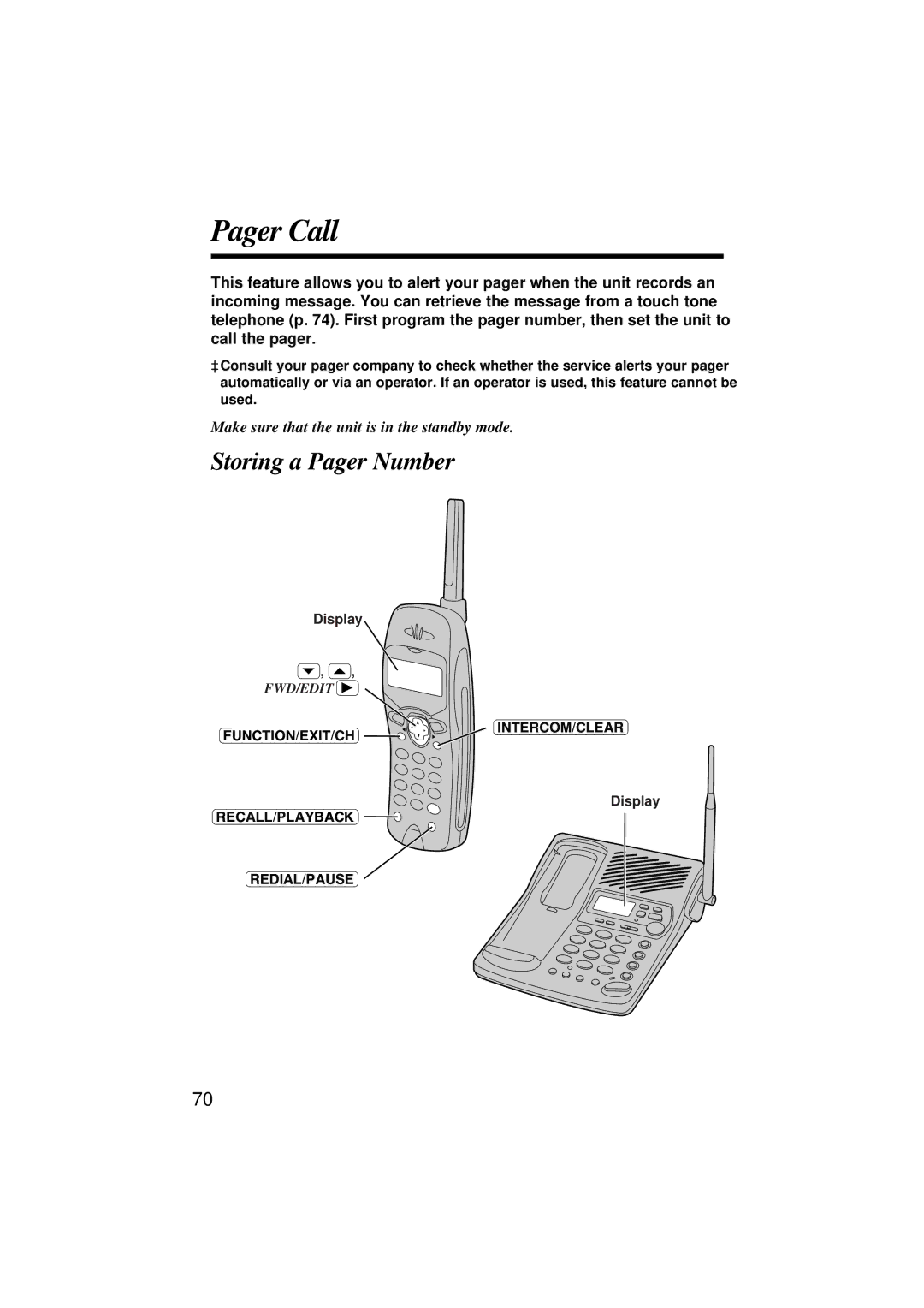 Panasonic KX-TC1871ALB, KX-TC1871NZB Pager Call, Storing a Pager Number, Make sure that the unit is in the standby mode 