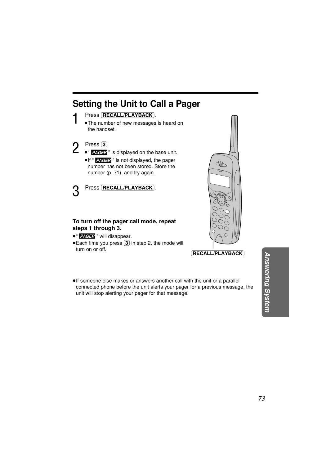 Panasonic KX-TC1871NZB Setting the Unit to Call a Pager, Press, To turn off the pager call mode, repeat steps 1 through 