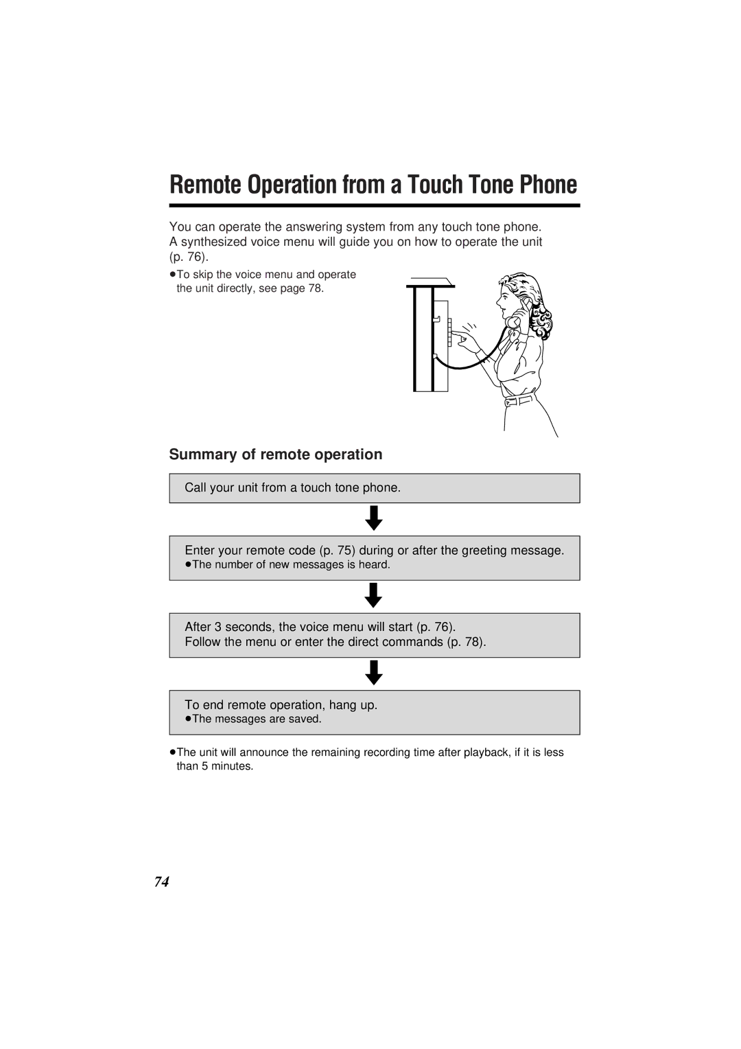 Panasonic KX-TC1871ALB, KX-TC1871NZB Remote Operation from a Touch Tone Phone, Summary of remote operation 