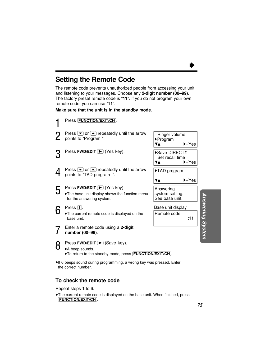 Panasonic KX-TC1871NZB, KX-TC1871ALB Setting the Remote Code, To check the remote code, Remote code, Number 