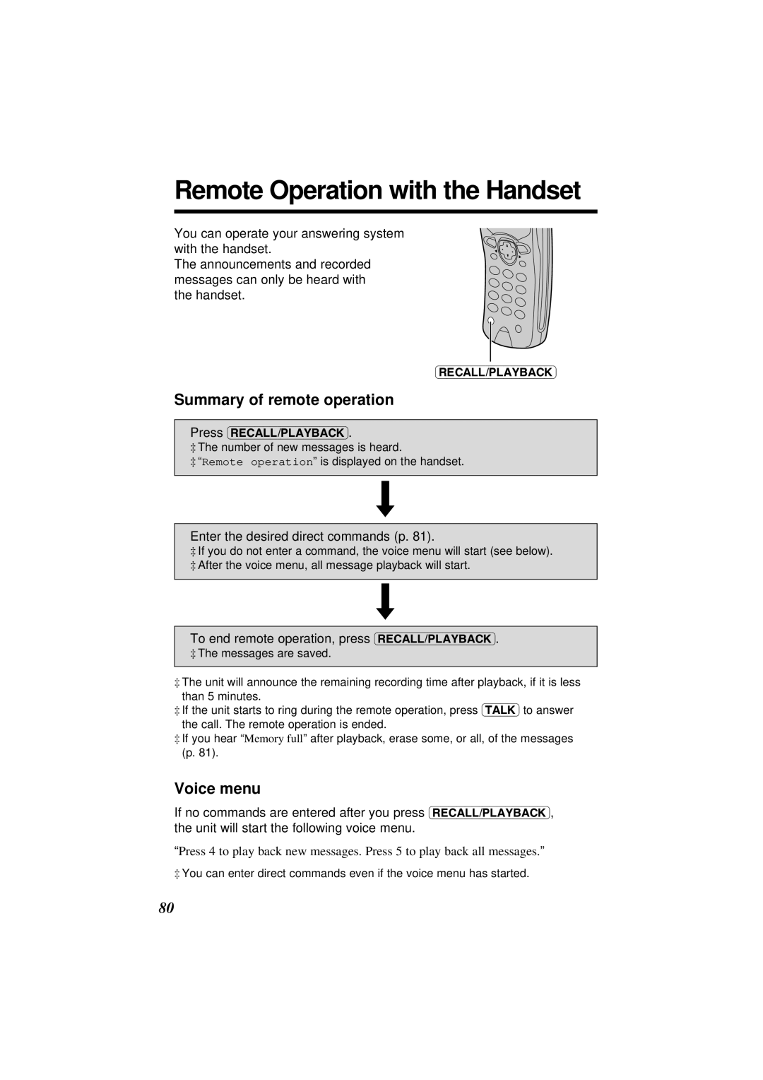 Panasonic KX-TC1871ALB, KX-TC1871NZB Remote Operation with the Handset, Voice menu, Enter the desired direct commands p 