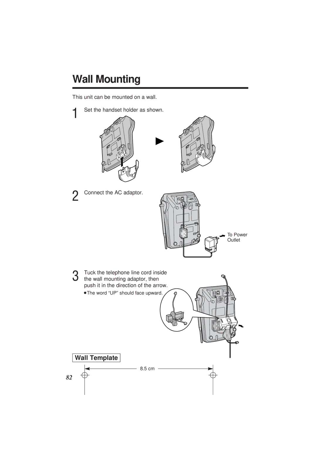 Panasonic KX-TC1871ALB Wall Mounting, Wall Template, Tuck the telephone line cord inside, Wall mounting adaptor, then 