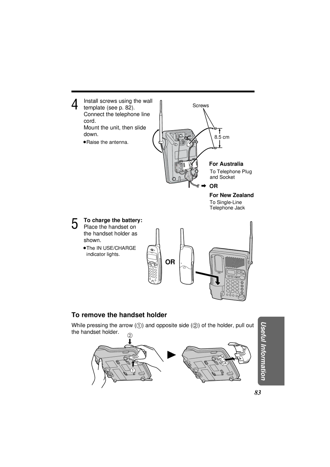 Panasonic KX-TC1871NZB To remove the handset holder, To charge the battery, Place the handset on, Handset holder as shown 