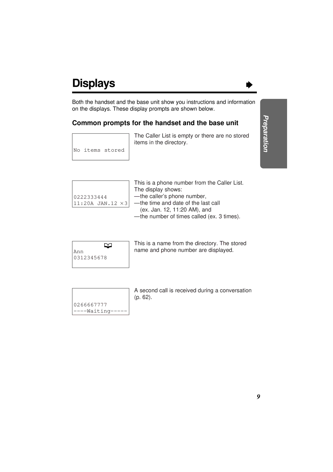 Panasonic KX-TC1871NZB, KX-TC1871ALB Displays, Common prompts for the handset and the base unit, No items stored 