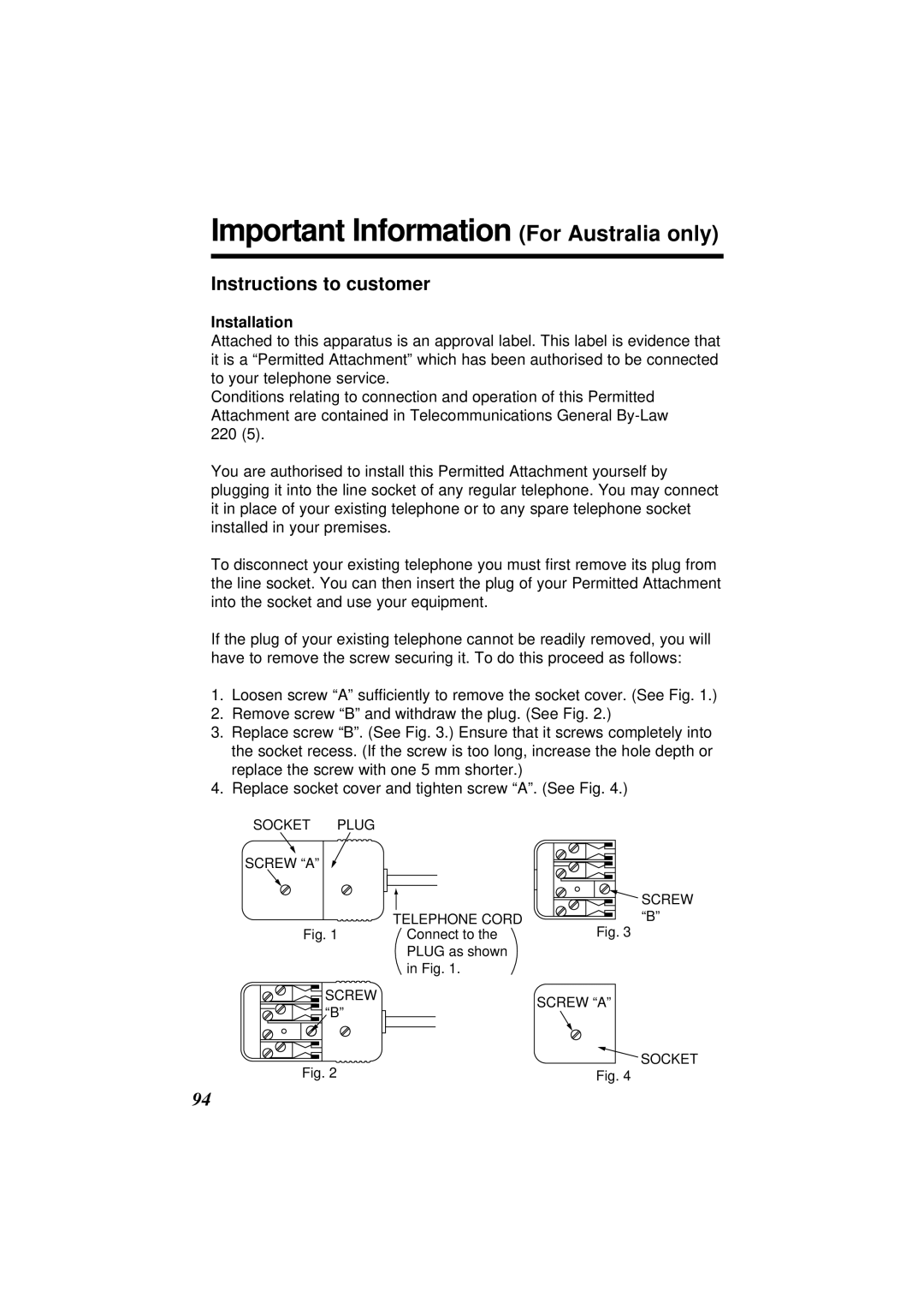 Panasonic KX-TC1871ALB, KX-TC1871NZB Important Information For Australia only, Instructions to customer, Installation 