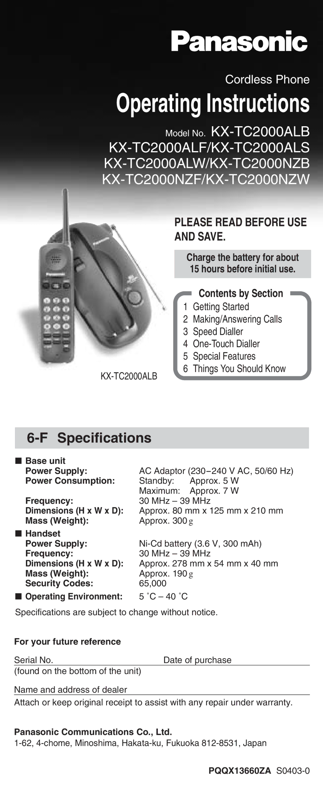 Panasonic KX-TC2000ALF, KX-TC2000ALB, KX-TC2000ALS operating instructions Operating Instructions, Specifications 