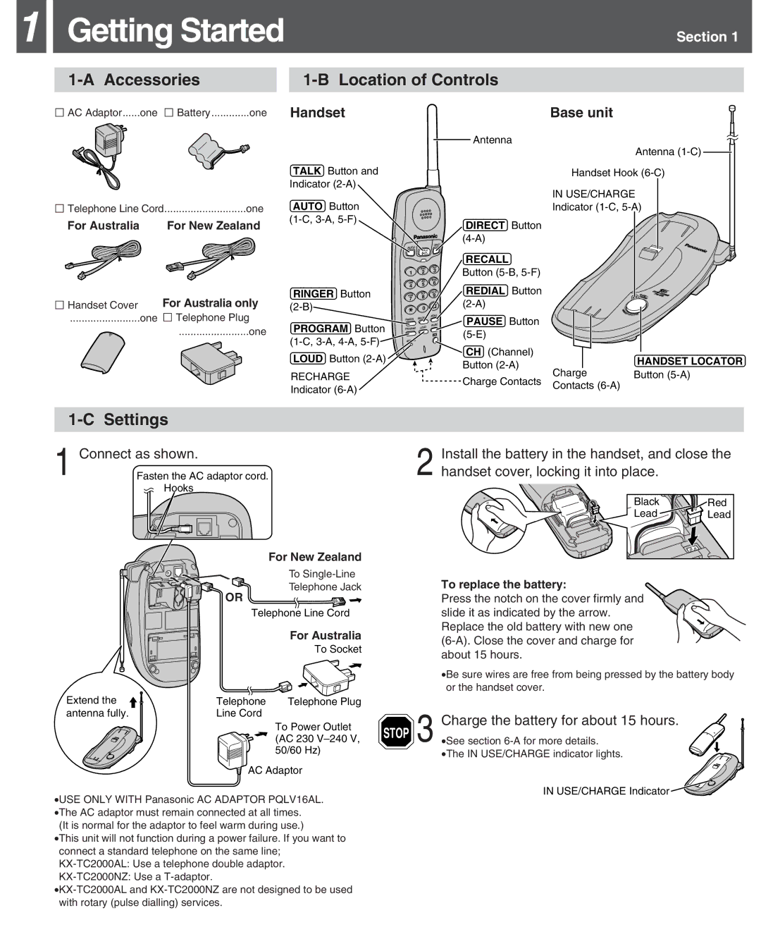 Panasonic KX-TC2000ALS, KX-TC2000ALB, KX-TC2000ALF Getting Started, Accessories, Settings, One Handset, Base unit 