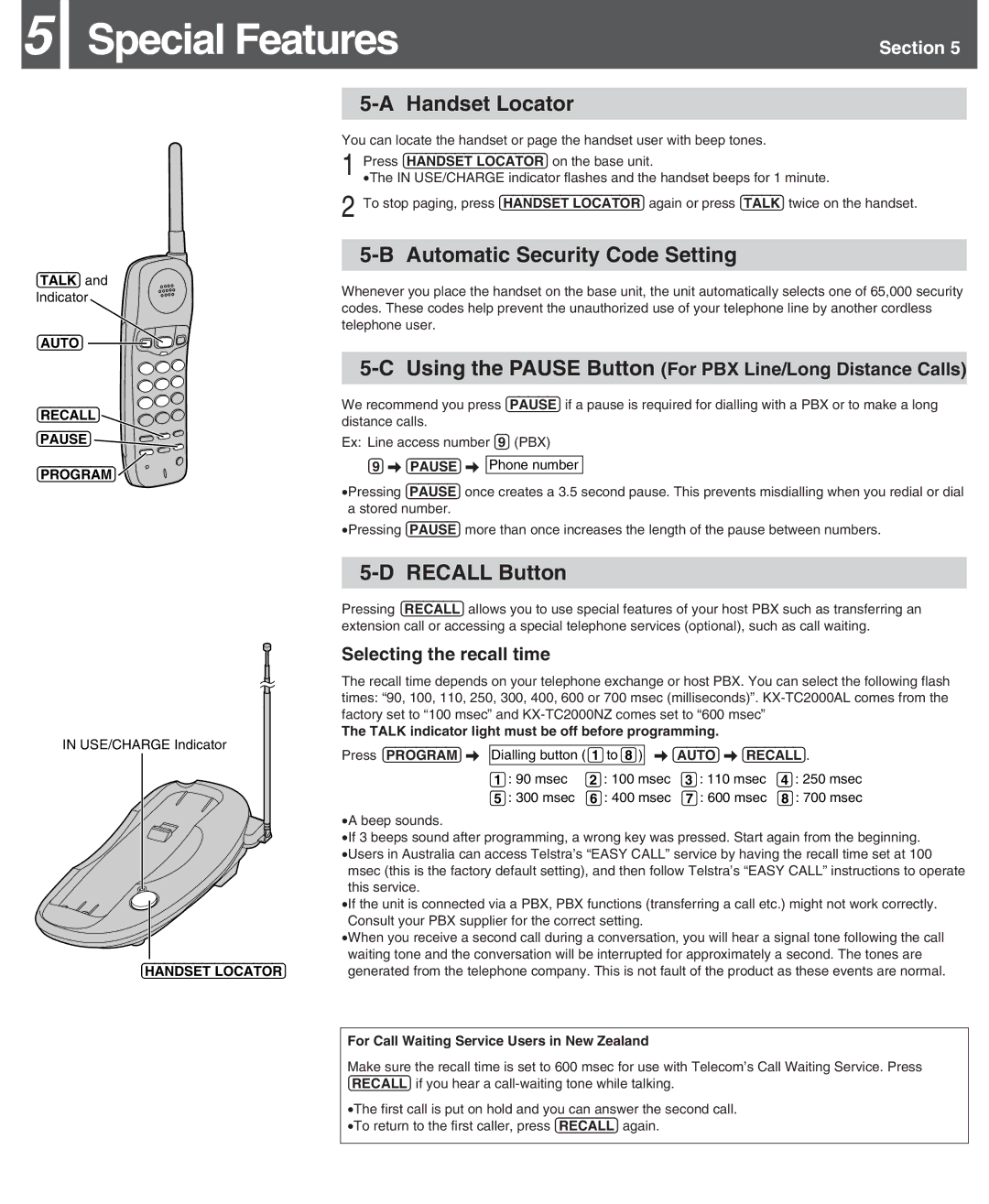 Panasonic KX-TC2000ALB, KX-TC2000ALF Special Features, Handset Locator, Automatic Security Code Setting, Recall Button 