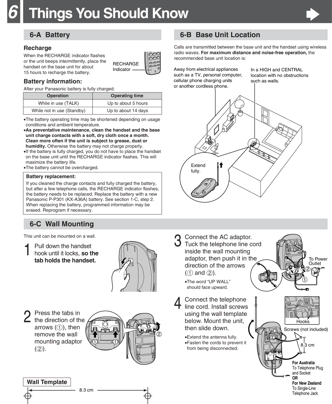 Panasonic KX-TC2000ALF, KX-TC2000ALB, KX-TC2000ALS operating instructions Battery Base Unit Location, Wall Mounting 