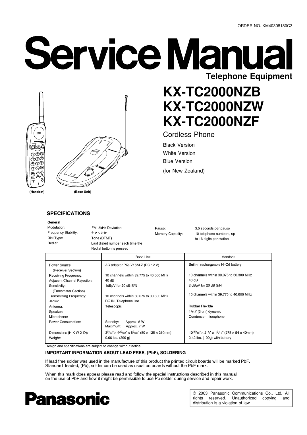 Panasonic manual KX-TC2000NZB KX-TC2000NZW KX-TC2000NZF 