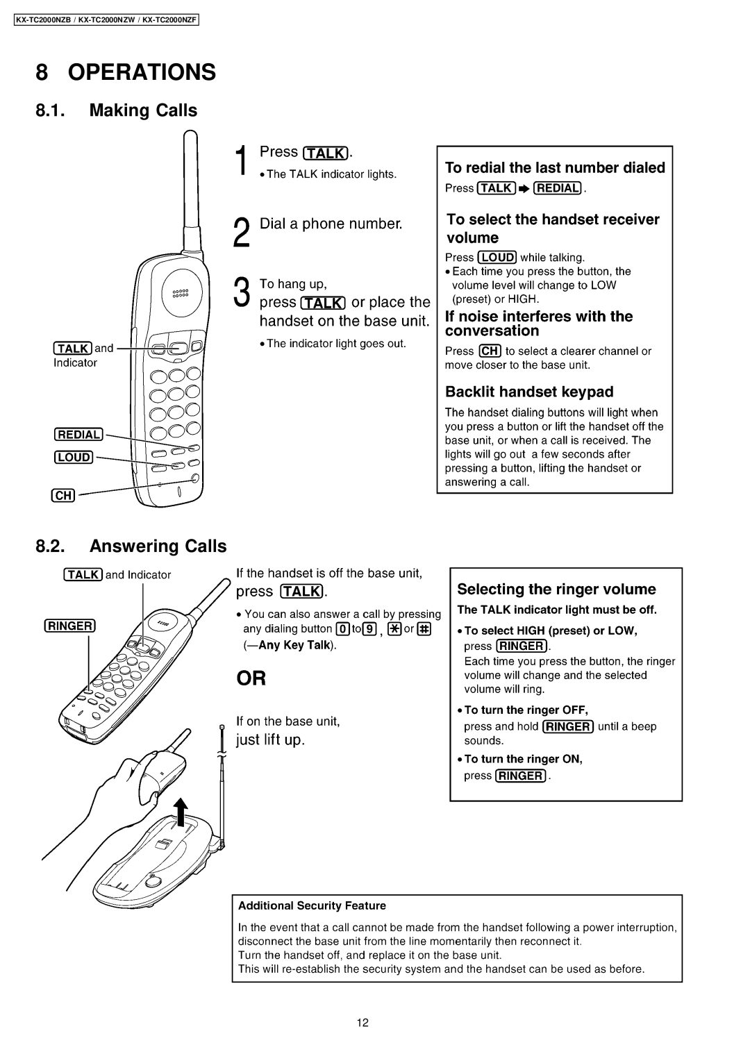 Panasonic KX-TC2000NZB, KX-TC2000NZW, KX-TC2000NZF manual Operations, Making Calls Answering Calls 