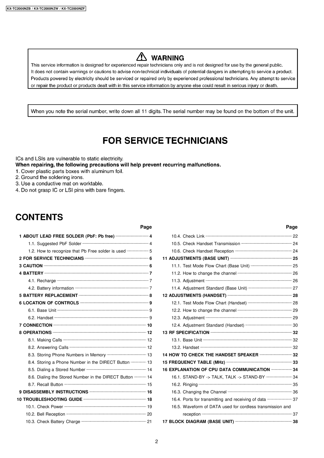 Panasonic KX-TC2000NZF, KX-TC2000NZB, KX-TC2000NZW manual Contents 