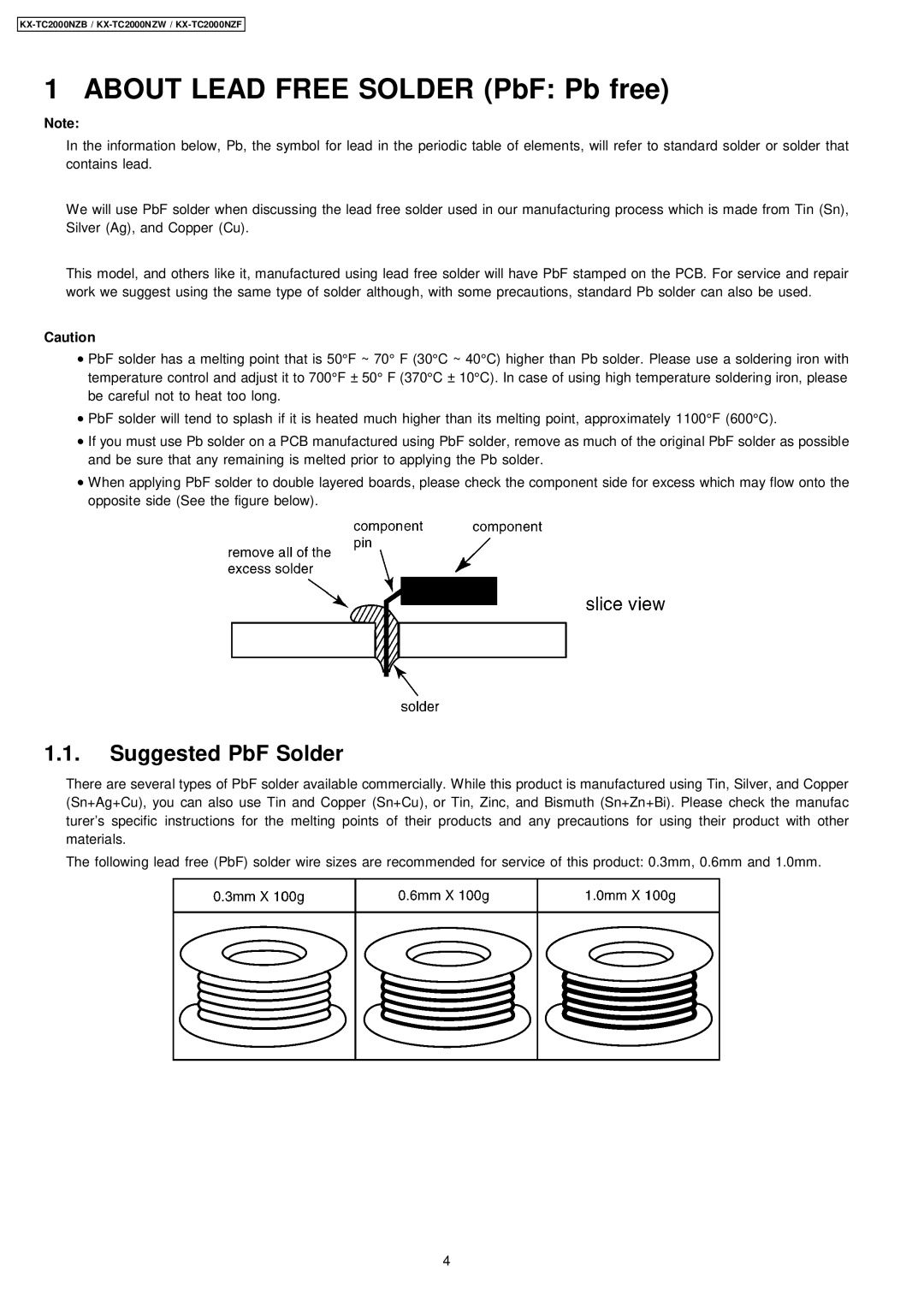 Panasonic KX-TC2000NZW, KX-TC2000NZB, KX-TC2000NZF manual About Lead Free Solder PbF Pb free, Suggested PbF Solder 