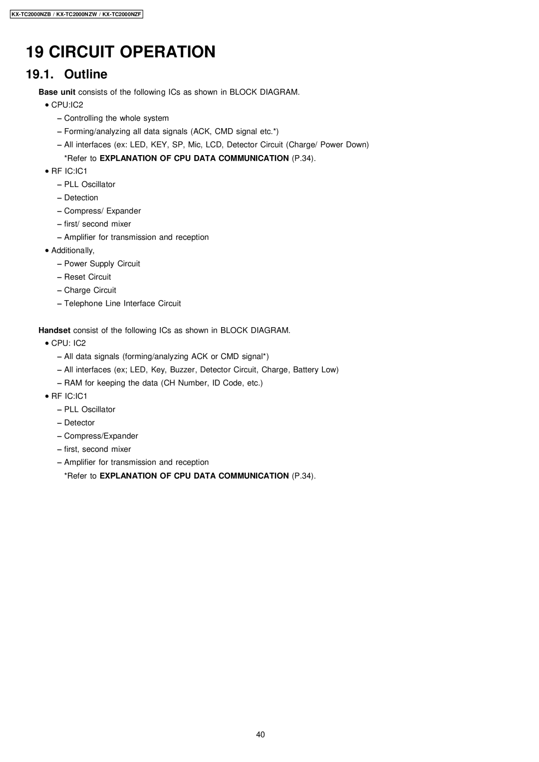 Panasonic KX-TC2000NZW, KX-TC2000NZB, KX-TC2000NZF manual Circuit Operation, Outline 