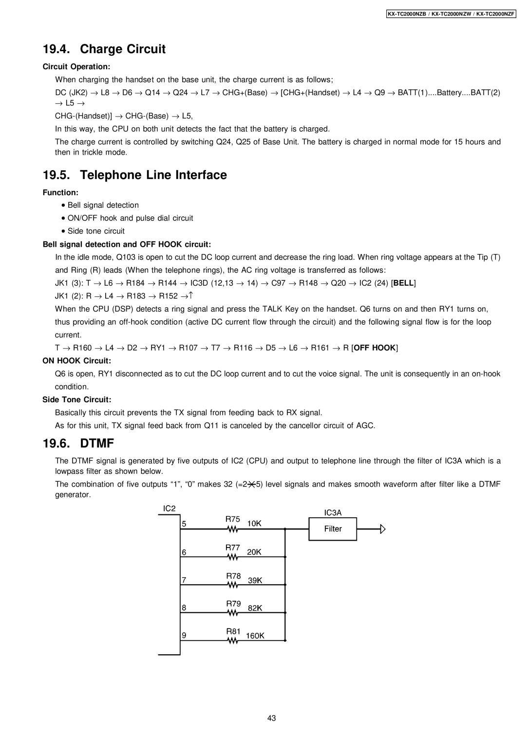 Panasonic KX-TC2000NZW, KX-TC2000NZB, KX-TC2000NZF manual Charge Circuit, Telephone Line Interface, Dtmf 