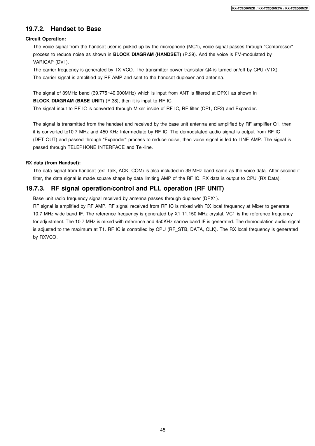 Panasonic KX-TC2000NZB, KX-TC2000NZW, KX-TC2000NZF manual Handset to Base 