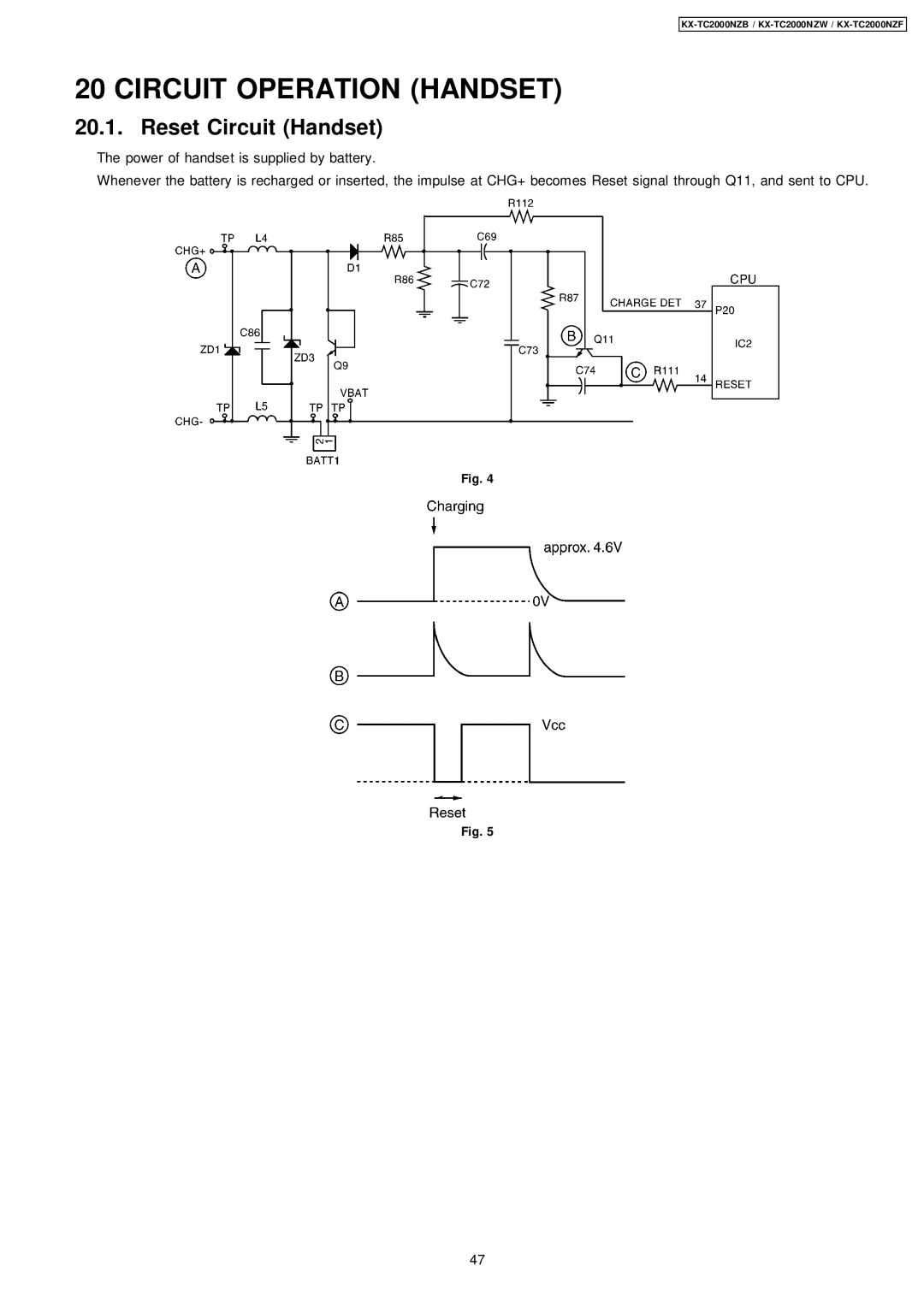 Panasonic KX-TC2000NZF, KX-TC2000NZB, KX-TC2000NZW manual Circuit Operation Handset, Reset Circuit Handset 