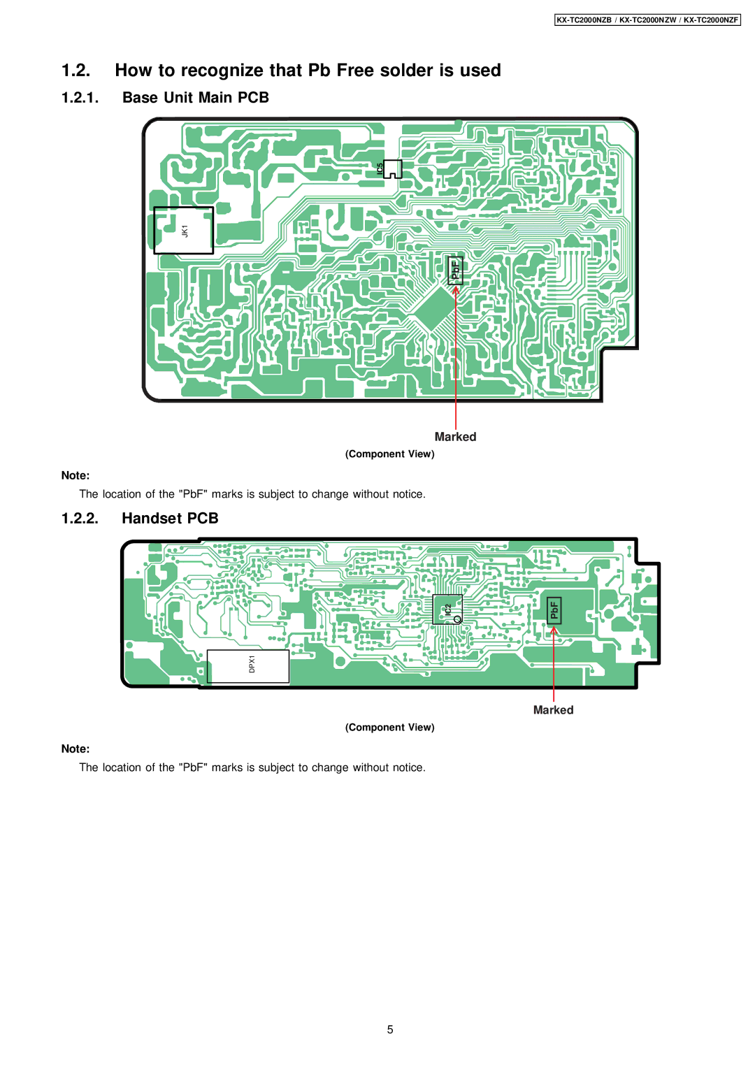 Panasonic KX-TC2000NZF, KX-TC2000NZB, KX-TC2000NZW manual How to recognize that Pb Free solder is used, Base Unit Main PCB 