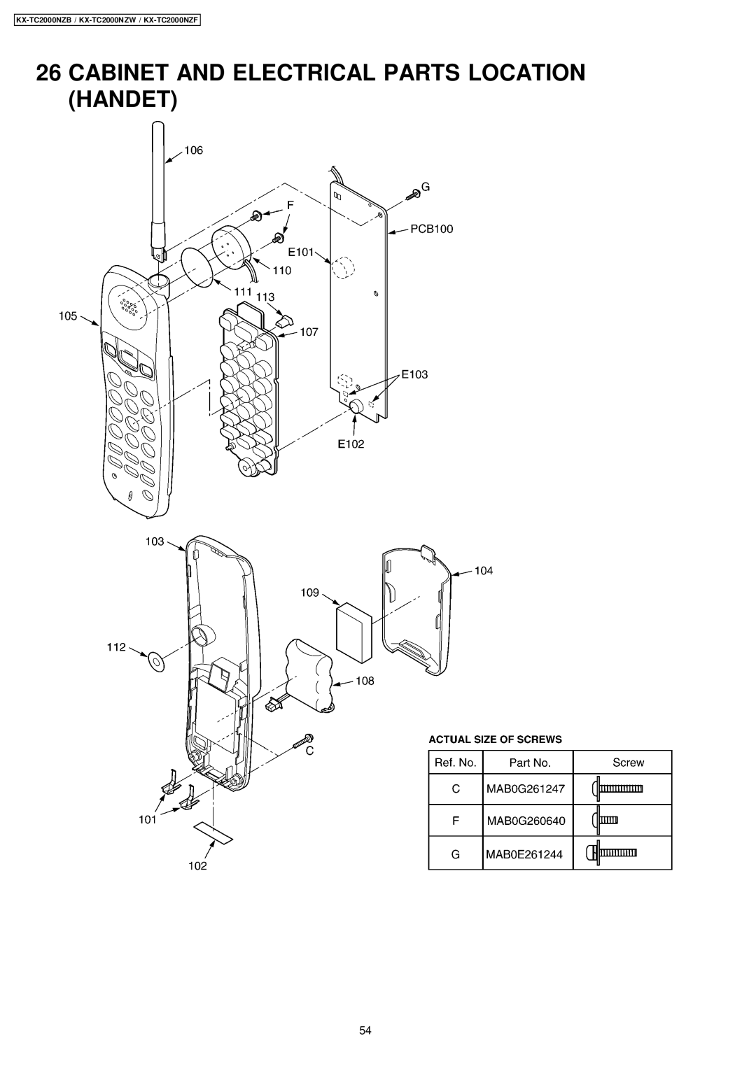 Panasonic KX-TC2000NZB, KX-TC2000NZW, KX-TC2000NZF manual Cabinet and Electrical Parts Location Handet 