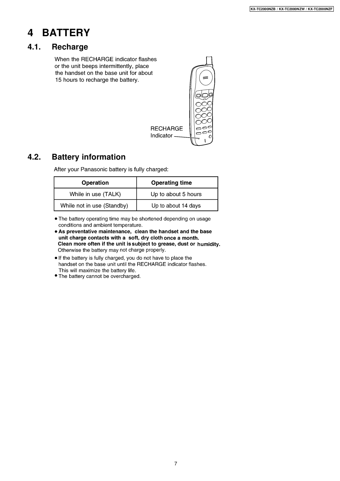 Panasonic KX-TC2000NZW, KX-TC2000NZB, KX-TC2000NZF manual Recharge Battery information 