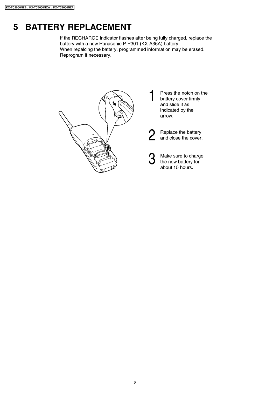 Panasonic KX-TC2000NZF, KX-TC2000NZB, KX-TC2000NZW manual Battery Replacement 