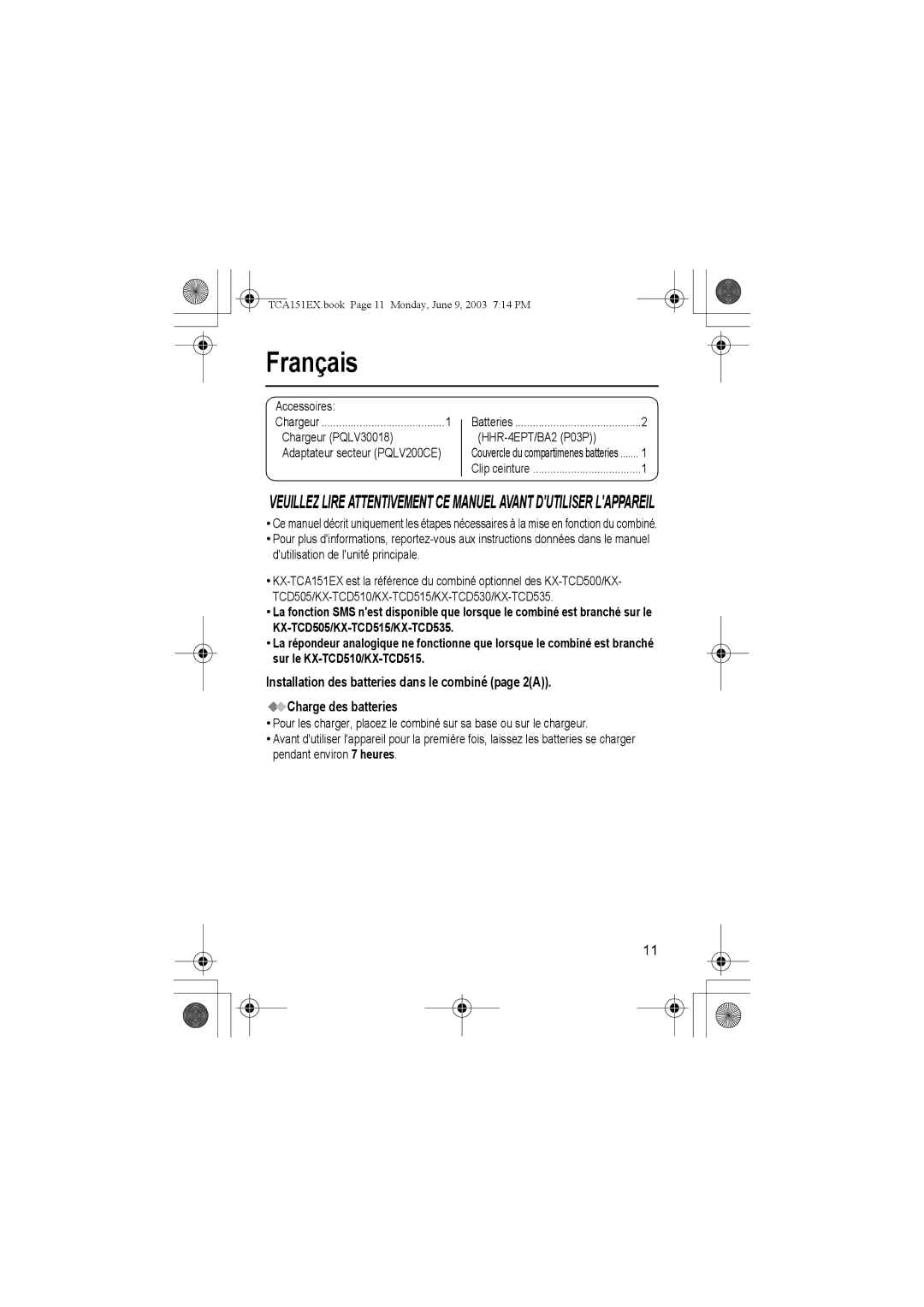 Panasonic KX-TCA151EX operating instructions Français, Accessoires, Chargeur PQLV30018 