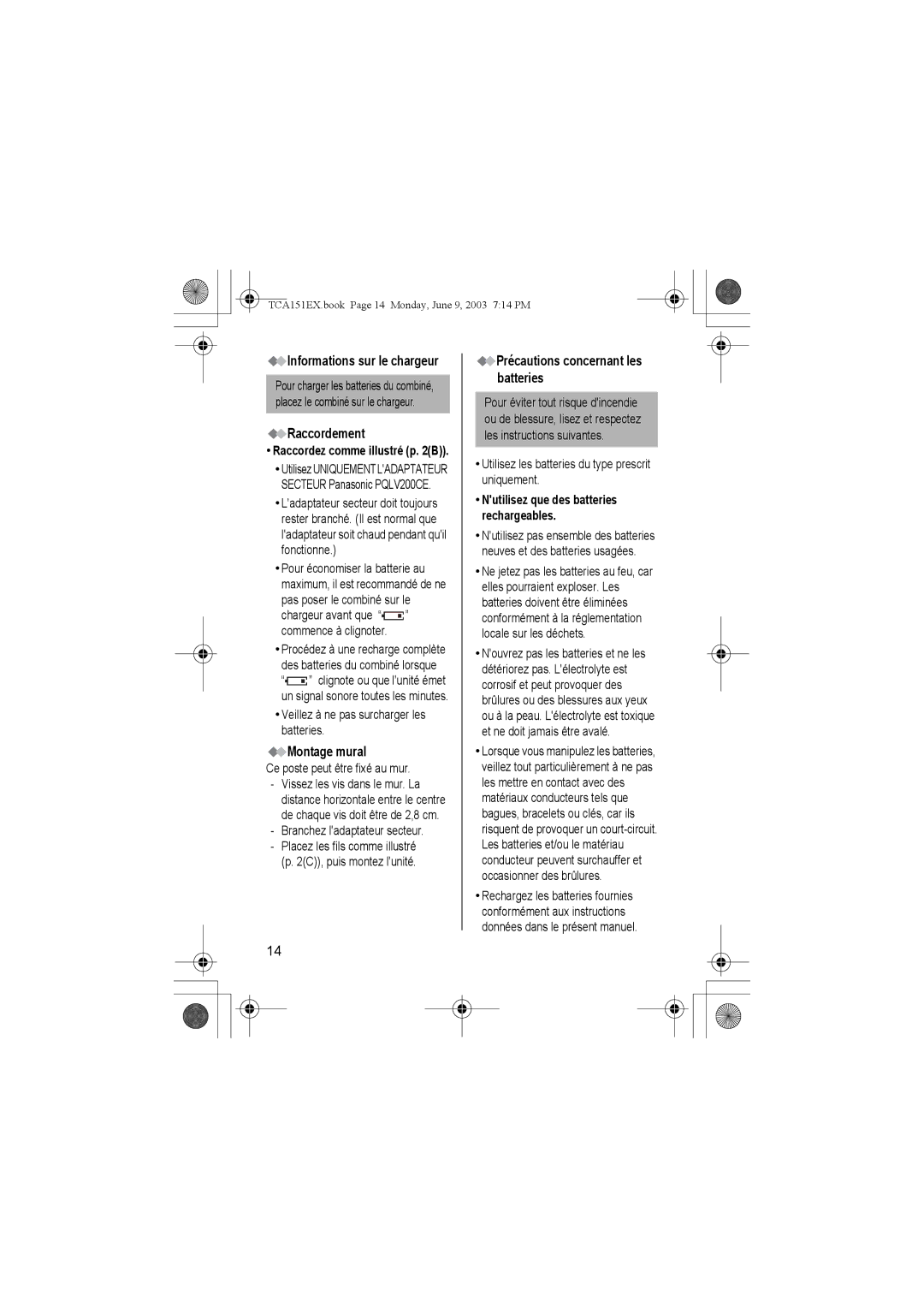 Panasonic KX-TCA151EX operating instructions Informations sur le chargeur, Raccordement, Montage mural 