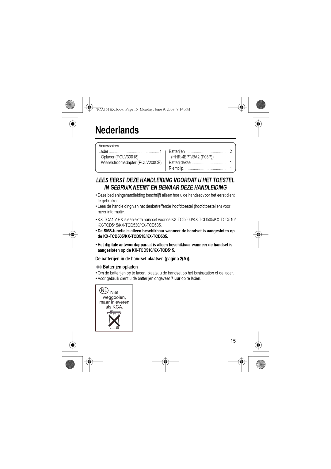 Panasonic KX-TCA151EX operating instructions Nederlands, Oplader PQLV30018 