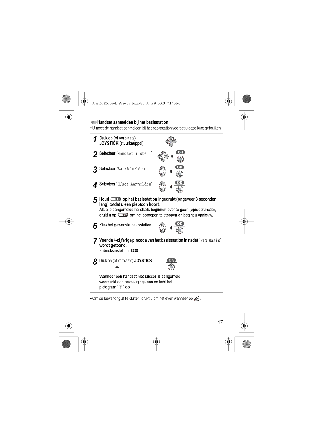 Panasonic KX-TCA151EX operating instructions Handset aanmelden bij het basisstation, Houd, Lang totdat u een pieptoon hoort 