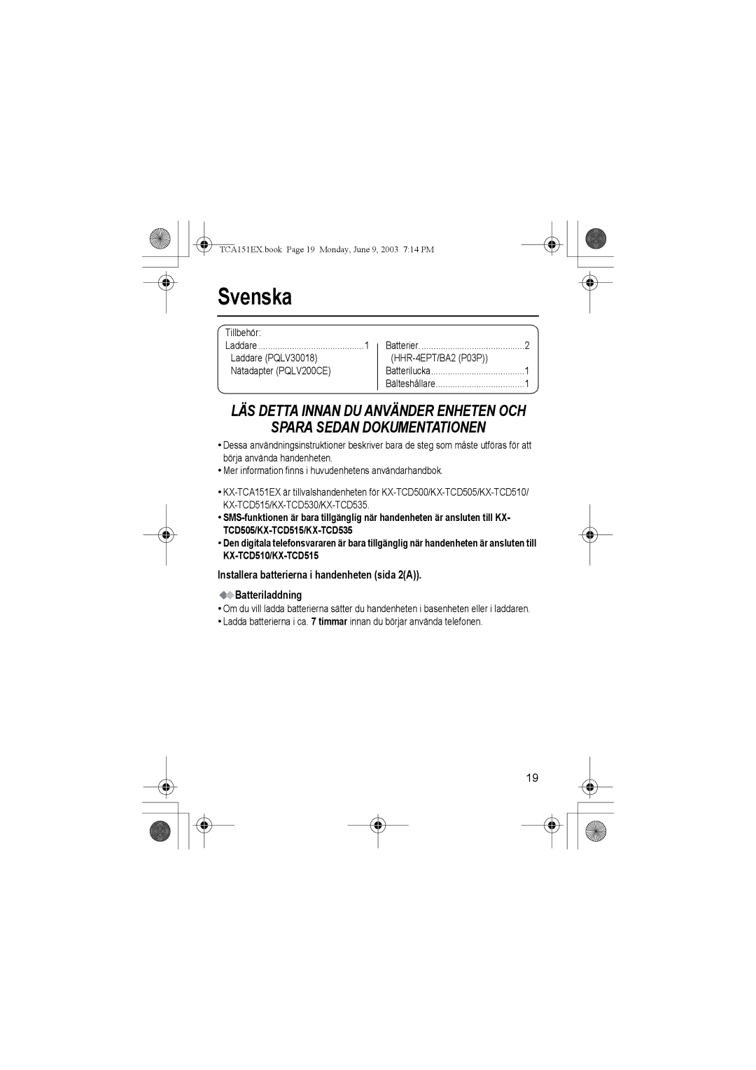 Panasonic KX-TCA151EX operating instructions Svenska, Tillbehör, Laddare PQLV30018 Nätadapter PQLV200CE 