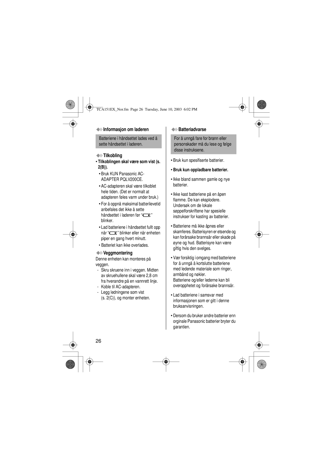 Panasonic KX-TCA151EX operating instructions Informasjon om laderen, Tilkobling, Veggmontering, Batteriadvarse 