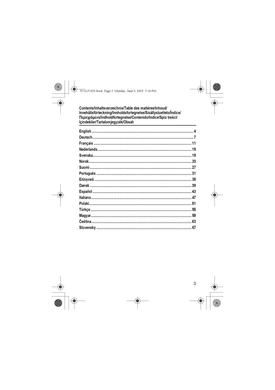 Panasonic KX-TCA151EX Contents/Inhaltsverzeichnis/Table des matières/Inhoud, Içindekiler/Tartalomjegyzék/Obsah 