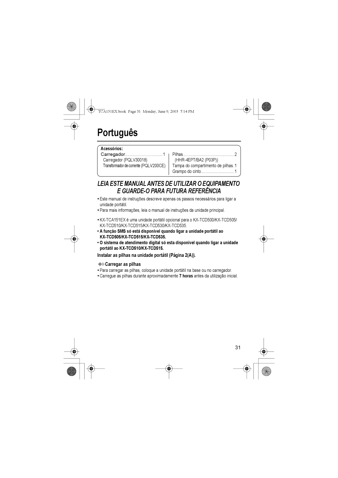 Panasonic KX-TCA151EX operating instructions Português, Acessórios 