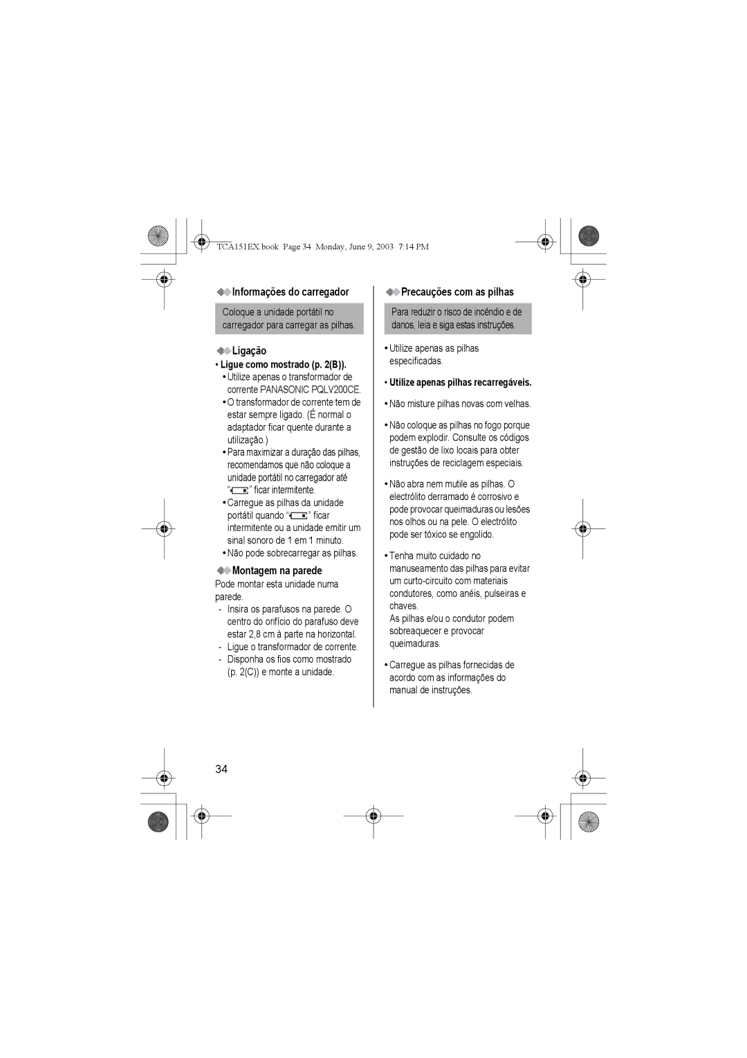 Panasonic KX-TCA151EX Informações do carregador, Ligação, Montagem na parede, Precauções com as pilhas 