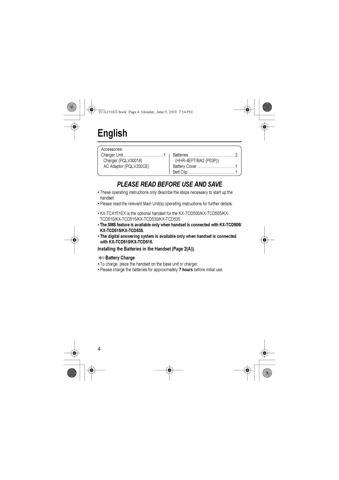 Panasonic KX-TCA151EX English, Accessories, Charger PQLV30018 AC Adaptor PQLV200CE, HHR-4EPT/BA2 P03P 